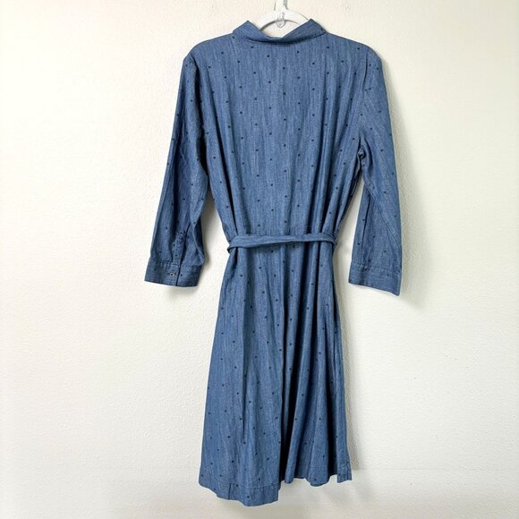 Talbots Polka Dot Denim Shirt Dress Womens 16 Blue Cotton Belted 3/4 Sleeve - Picture 3 of 13